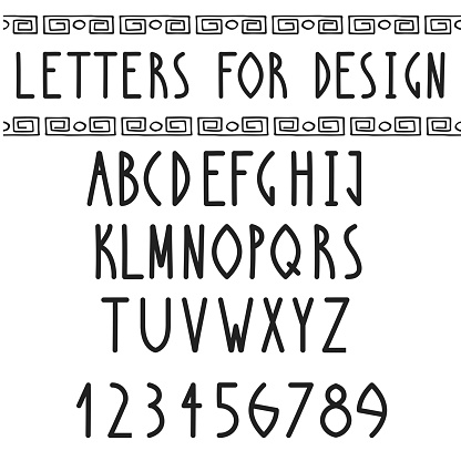 Greek Font. Roman regular english alphabet. Vector antique letters and numbers in egyptian style. Typeface design.