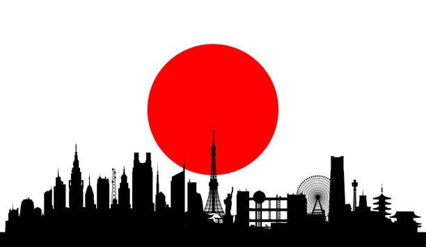 ilustraciones, imágenes clip art, dibujos animados e iconos de stock de bandera japonesa con tokio (todos los edificios son completos y se pueden mover) - moveable