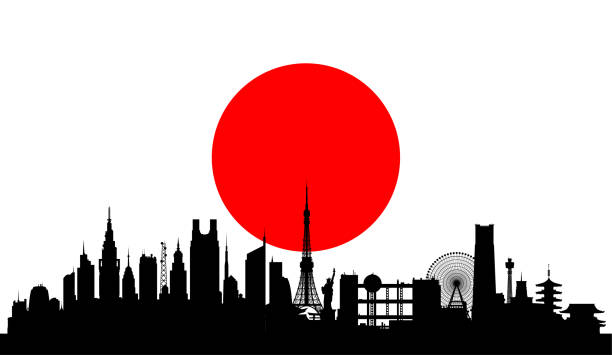 illustrations, cliparts, dessins animés et icônes de drapeau japonais avec tokyo (tous les bâtiments sont complets et évolutables) - japanese flag flag japan japanese culture