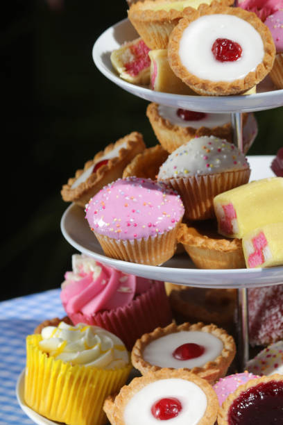 imagen del picnic buffet de té de la tarde de pasteles pastelitos en porcelana blanca soporte de pastel escalonada con tres niveles en mantel azul a cuadros en la fiesta del jardín, tartas de pastel de cereza, magdalenas de chocolate, pastel battenberg c - fondant fancies fotografías e imágenes de stock