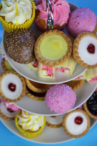 imagem do piquenique do bufete do chá da tarde dos bolos dos queques no carrinho estratificado do bolo da porcelana branca com três camadas no tablecloth checkered azul no partido do jardim, as tortas do bakewell da cereja, muffins do chocolate, bolo cas - fondant fancies - fotografias e filmes do acervo