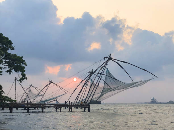 Image of Chinese fishing nets at sunset in Fort Kochi beach in Cochin, Kerala, South India with local Indian fisherman catching tuna fish mackerel from port of Kochi harbour water in Indian Ocean / Arabian Sea, Cheena vala Chinese fishing nets Kochi photo Stock photo of Chinese fishing nets at sunset in Fort Kochi beach in Cochin, Kerala, South India with local Indian fisherman catching tuna fish mackerel from port of Kochi harbour water in Indian Ocean / Arabian Sea, Cheena vala Chinese fishing nets Kochi photo cochin kerala india chinese fishing net stock pictures, royalty-free photos & images