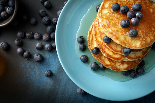 Breakfast: Pancakes, Syrup and Blueberries Still Life