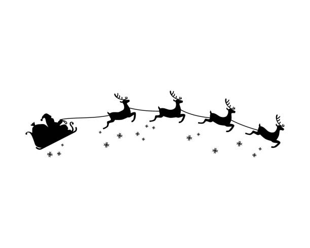 illustrazioni stock, clip art, cartoni animati e icone di tendenza di babbo natale e quattro renne con vettore illustrazione silhouette fiocco di neve. tema natalizio. - santa claus