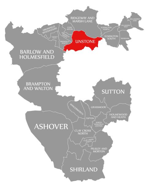 unstone czerwony podświetlony na mapie dzielnicy north east derbyshire w east midlands england uk - borough of north east stock illustrations