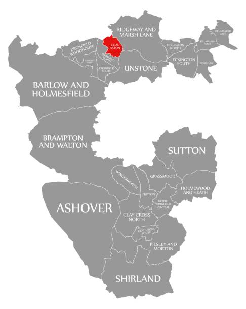 ilustrações de stock, clip art, desenhos animados e ícones de coal aston red highlighted in map of north east derbyshire district in east midlands england uk - borough of north east