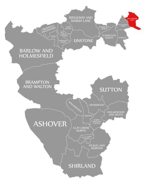 ilustrações de stock, clip art, desenhos animados e ícones de killamarsh east red highlighted in map of north east derbyshire district in east midlands england uk - borough of north east