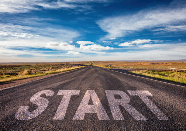 istock Start concept. Text sign on a long straight road, blue sky background 1172169033