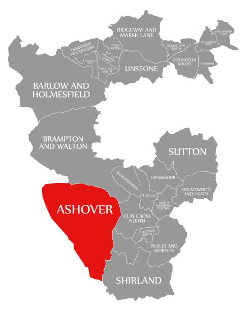 ashover czerwony wyróżniony na mapie dzielnicy north east derbyshire w east midlands england uk - borough of north east stock illustrations