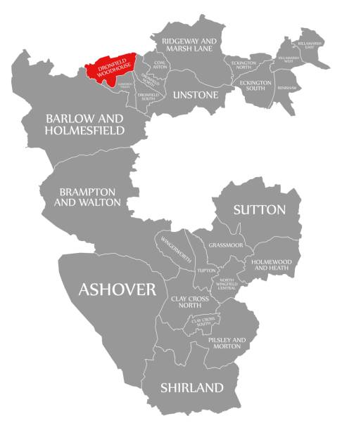 dronfield woodhouse czerwony wyróżniony na mapie dzielnicy north east derbyshire w east midlands w anglii - borough of north east stock illustrations