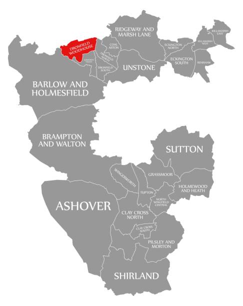 ilustrações de stock, clip art, desenhos animados e ícones de dronfield woodhouse red highlighted in map of north east derbyshire district in east midlands england uk - borough of north east