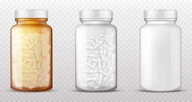 Vector illustration of Plastic, glass bottles for pills realistic vector