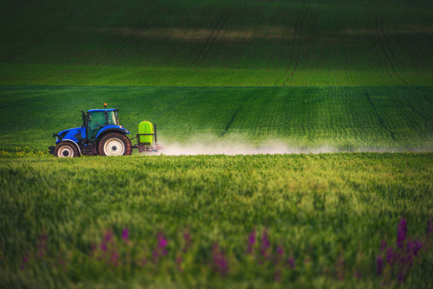 landwirtschaftliche straktorpflügen und spritzen auf dem feld - green crop tractor planting stock-fotos und bilder