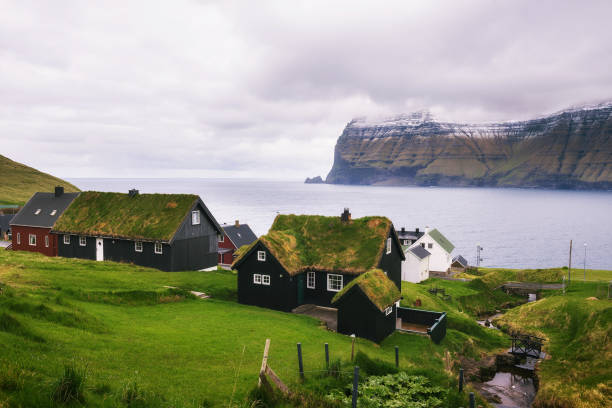 Village of Mikladalur, Faroe Islands, Denmark Village of Mikladalur located on the island of Kalsoy in Faroe Islands with snow-capped mountains in the background sod roof stock pictures, royalty-free photos & images