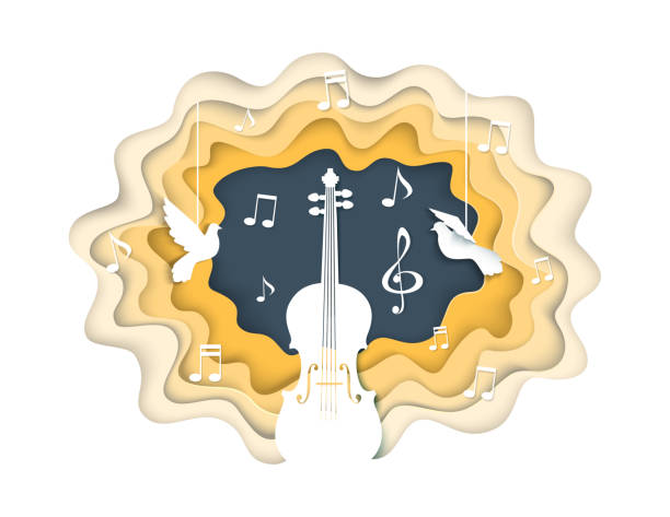 illustrazioni stock, clip art, cartoni animati e icone di tendenza di illustrazione vettoriale di concetto musicale in stile carta - violin equipment classical instrument light and shadow