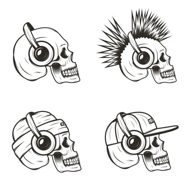 Vector illustration of Music skull side view set, vector hand drawn illustration