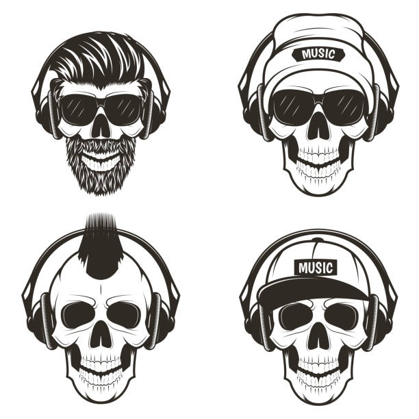 Music skull front view set, vector hand drawn illustration Music skull front view set, vector hand drawn illustration isolated on white background. Human skull with iroquois, beard, wearing hat and cap listening to music using headphones. mohawk stock illustrations