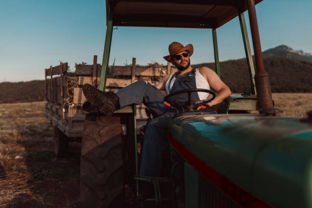 istock Young man driving tractor during harvest season 1172174581