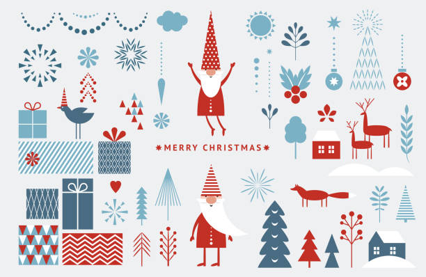 ilustraciones, imágenes clip art, dibujos animados e iconos de stock de conjunto de elementos gráficos para tarjetas navideñas. gnomo, ciervos, árboles de navidad, copos de nieve, cajas de regalo estilizadas. - christmas deer christmas decoration tree