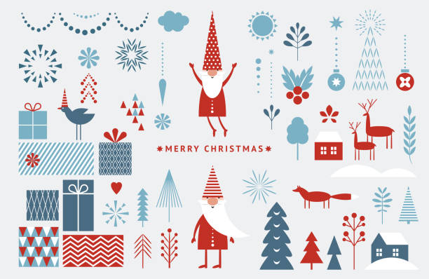 ilustrações de stock, clip art, desenhos animados e ícones de set of graphic elements for christmas cards. gnome, deer, christmas trees, snowflakes, stylized gift boxes. - prenda ilustrações