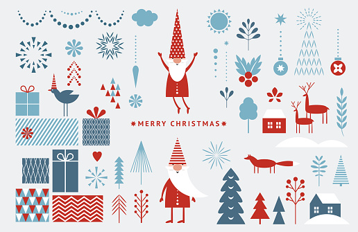Set of graphic elements for Christmas cards. Gnome, deer, Christmas Trees, snowflakes, stylized gift boxes.