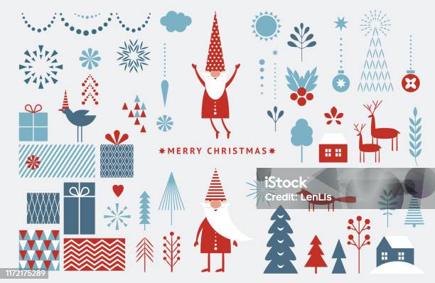 Set Of Graphic Elements For Christmas Cards Gnome Deer Christmas Trees Snowflakes Stylized Gift Boxes Stock Illustration - Download Image Now