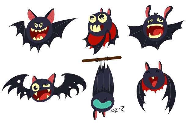 wampir bat wektor kreskówki zestaw. ute personage z różnych emocji na halloween izolowane na białym tle. - bat cartoon halloween wing stock illustrations
