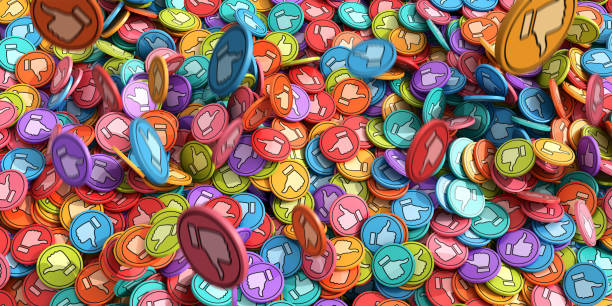 Multi-Coloured Like And Dislike Icons In Mid-Air Falling Into Pile An abstract image of lots of pastel toned multi-coloured discs with 'Like' and 'Dislike' thumbs up and thumbs down icons on them. Some discs are in mid air with motion blur and are falling onto a large pile of discs. Concepts: social media issues. thumb down stock pictures, royalty-free photos & images