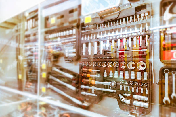 istock Toolboxes and tools for car repair on a showcase store. Wrenches with a set of socket heads and screwdrivers of different sizes for the workshop. 1172179000