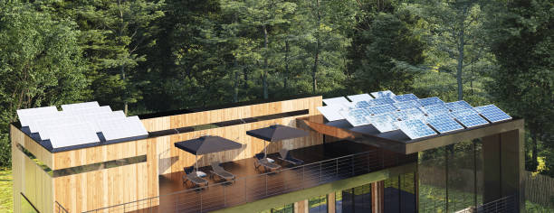 istock Modern house in forest with solar panels on the roof 1172181579