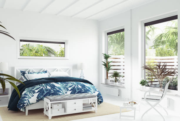 istock White tropical bedroom interior, Coastal style 1172181589