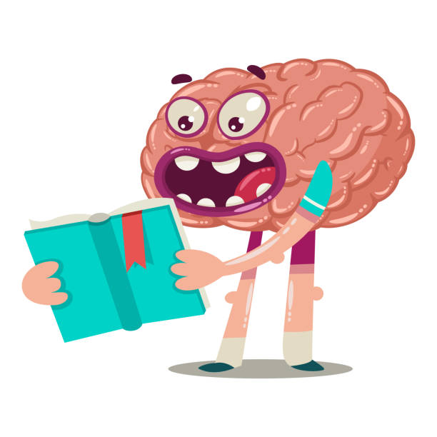 ilustrações de stock, clip art, desenhos animados e ícones de cartoon brain is reading a book. vector character of an internal organ isolated on a white background. brainstorm illustration. - brain human head people human internal organ