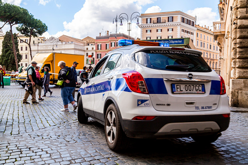 Rome, Italy - April 7, 2019: Italian Police car, Polizia Roma Capitale in the streets of Rome, Italy.