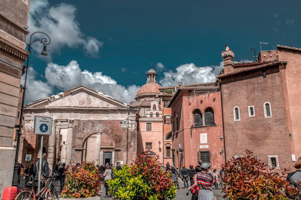 The old Jewish Ghetto of Rome Rome, Italy - April 7, 2019: View from the old Jewish Ghetto of Rome on April 7, 2019. Old buildings and Porticus Octaviae. porticus stock pictures, royalty-free photos & images