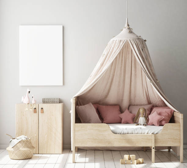 mock up poster frames in children bedroom, Scandinavian style interior background, 3D render