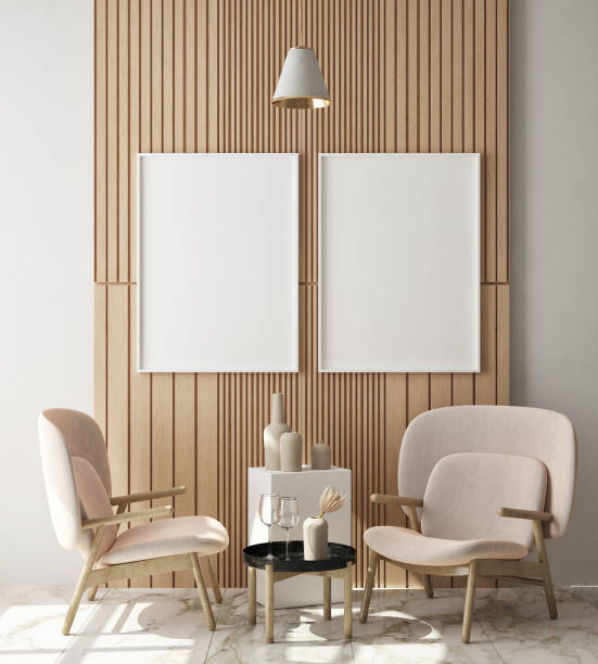istock mock up poster frame in hipster interior background, scandinavian style, 3D render 1172196748