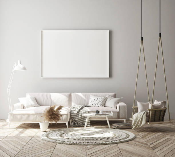 istock mock up poster frame in hipster interior background, scandinavian style, 3D render 1172196774