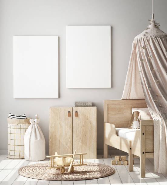 istock mock up poster frames in children bedroom, Scandinavian style interior background, 3D render 1172196821