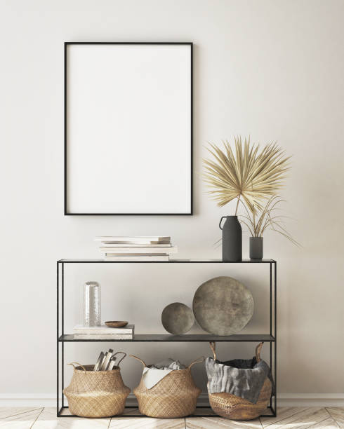 istock mock up poster frame in hipster interior background, scandinavian style, 3D render 1172196831
