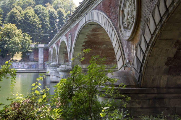 The Isabel bridge over the river Po in Turin, seen from the Valentino park.