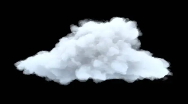 Photo of 3d rendering of a white bulky cumulus cloud on a black background.