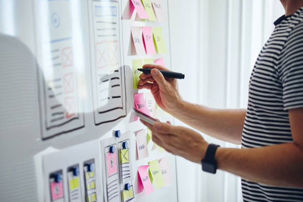 Web designer planning website ux app development with marker pen Web designer planning website ux app development with marker pen on whiteboard whiteboard visual aid stock pictures, royalty-free photos & images