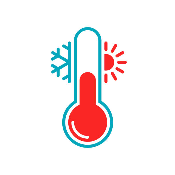 Frost & heat Thermometer with sun and snowflake graphic icon. Thermometer with cold and hot weather sign. Isolated symbol on white background. Vector illustration thermometer stock illustrations