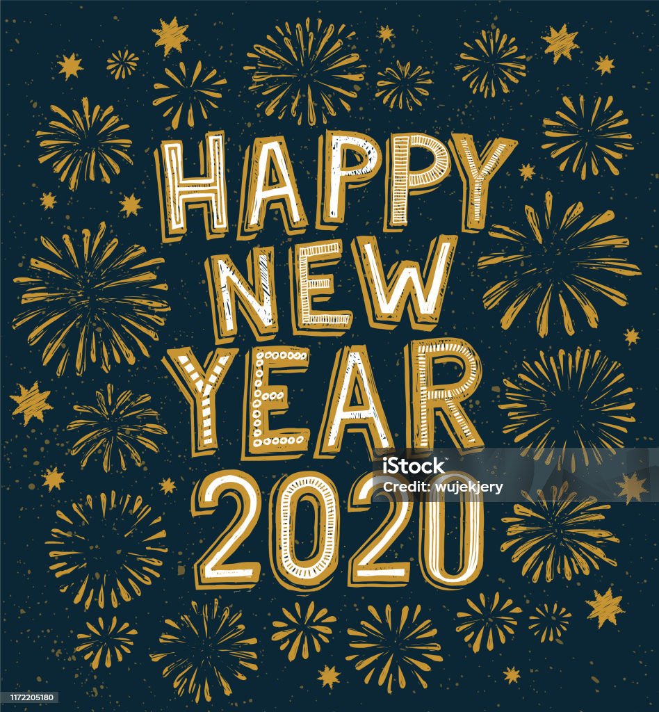 2020 Happy New Year Doodle Fireworks On Background Stock ...