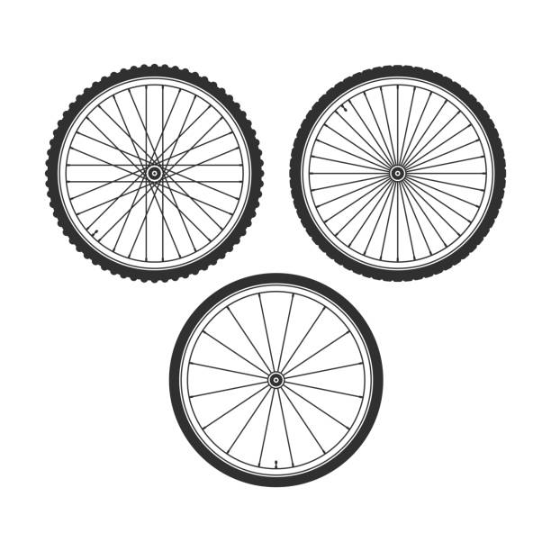 Bicycle wheel symbol. Bicycle wheel icons set. Bike rubber. Mountain tyre. Set with 3 different wheels. Vector illustration in flat style. EPS 10. bycicle stock illustrations