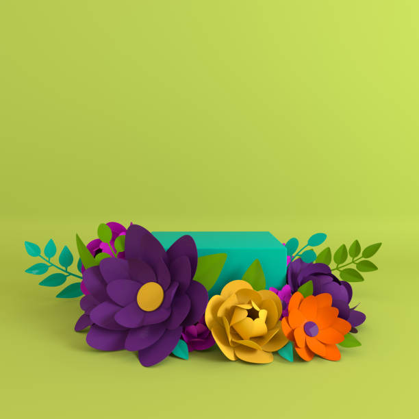 istock Paper flowers and leaves frame, podium platform for product presentation. Summer or spring colorful background. Paper cut 3d render mock up 1172208450