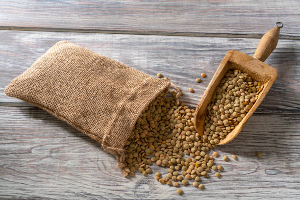 istock Dried brown Lentils in sack and scoop 1172209173