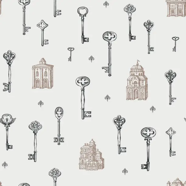 Vector illustration of seamless pattern with vintage keys and old buildings