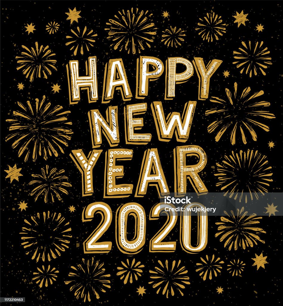 2020 Happy New Year Doodle Fireworks On Background Stock ...