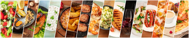 collage de alimentos. una plantilla de diseño con muchos platos sabrosos - volante fotos fotografías e imágenes de stock